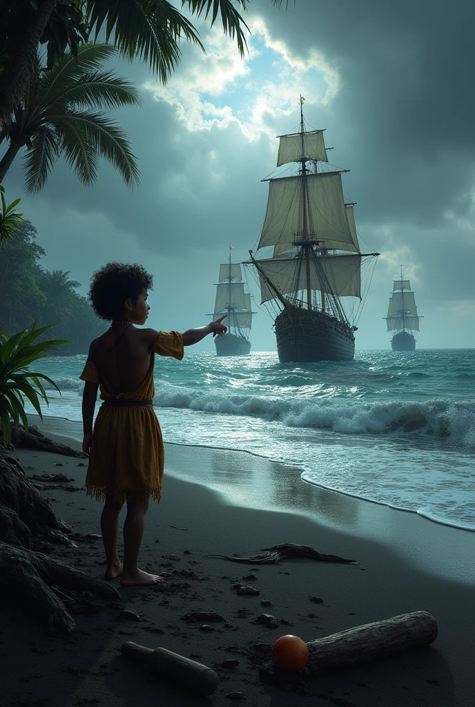 Recreates the scene of Christopher Columbus arriving in America with his three ships, the girl paints it and the santa maria, but from the perspective of an indigenous child in indigenous clothing who points to the boats with his finger as he watches them approach the beach, There is a storm at sea and everything is dark and gloomy, On the beach there are several indigenous objects scattered, There is a lot of jungle around, black sand beach...