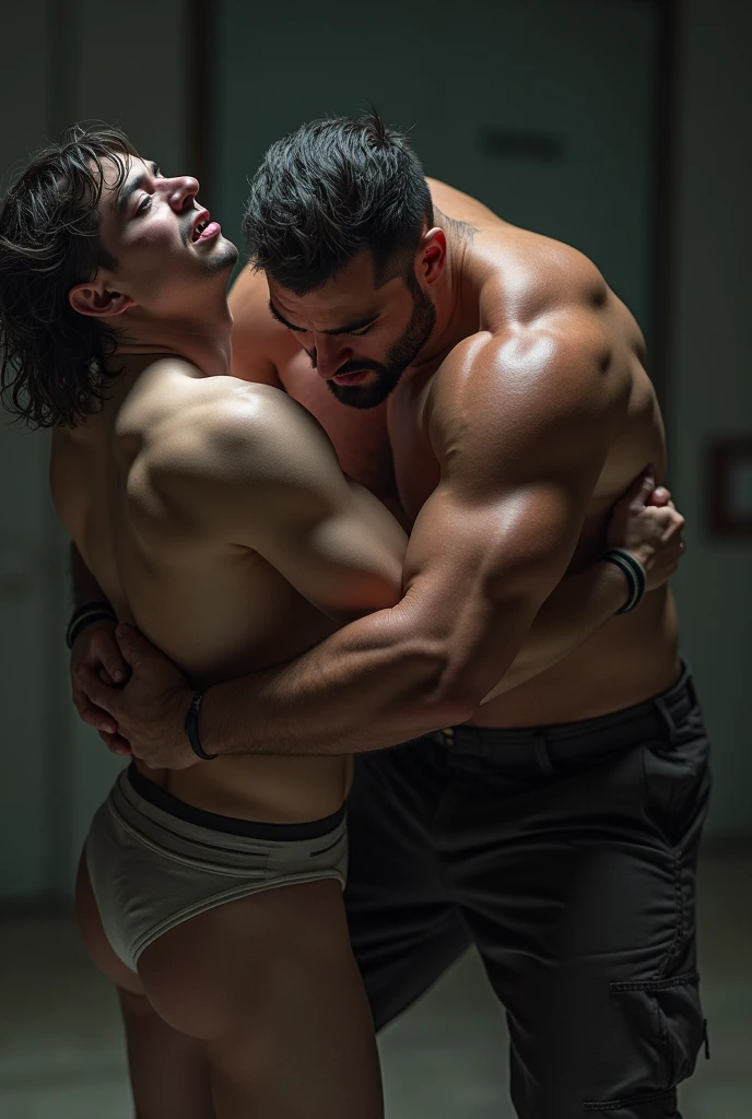 Man touching another man tied up and in underwear