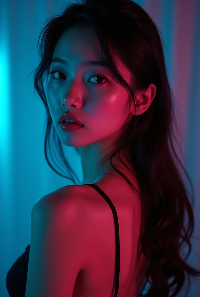(CRU photo:1.2), (photorrealistic), beautiful korean girl detailed, very detailled eyes and face, beautiful detailed eyes, huge filesize, high resolution, very detailled, best qualityer, [work of art:1.6], very detailled, fine-details, best qualityer, 32K wallpaper, cyan and magenta light, in a dark place, dark atmospher, deep-shadows, details Intricate, ung, perfect body shape, large breasted, big-ass, Waist slender, pale skin, pixie haircut bleached white short, oriental-like, freckles, big eyes and red full lips, Very erotic body, thong and low-cut bra, pose super sexy, photo by full body