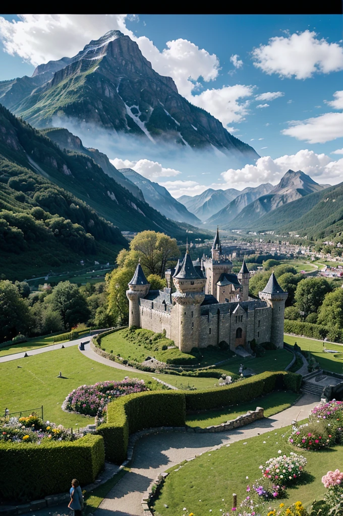 a micro universe with a castle, mountains, flowers in a valley