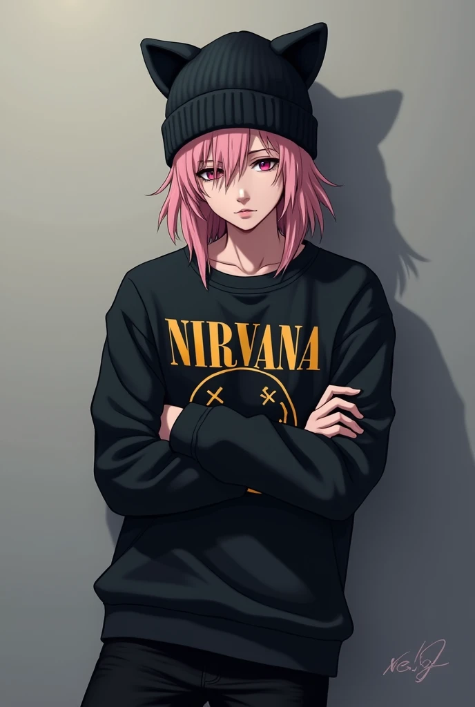 A male teenager wearing a black sweater that says Nirvana and black pants with medium short pastel pink hair wearing a black beanie with cat ears looking straight ahead with seriousness and his eyes half closed with arms crossed without a beard lying on the wall