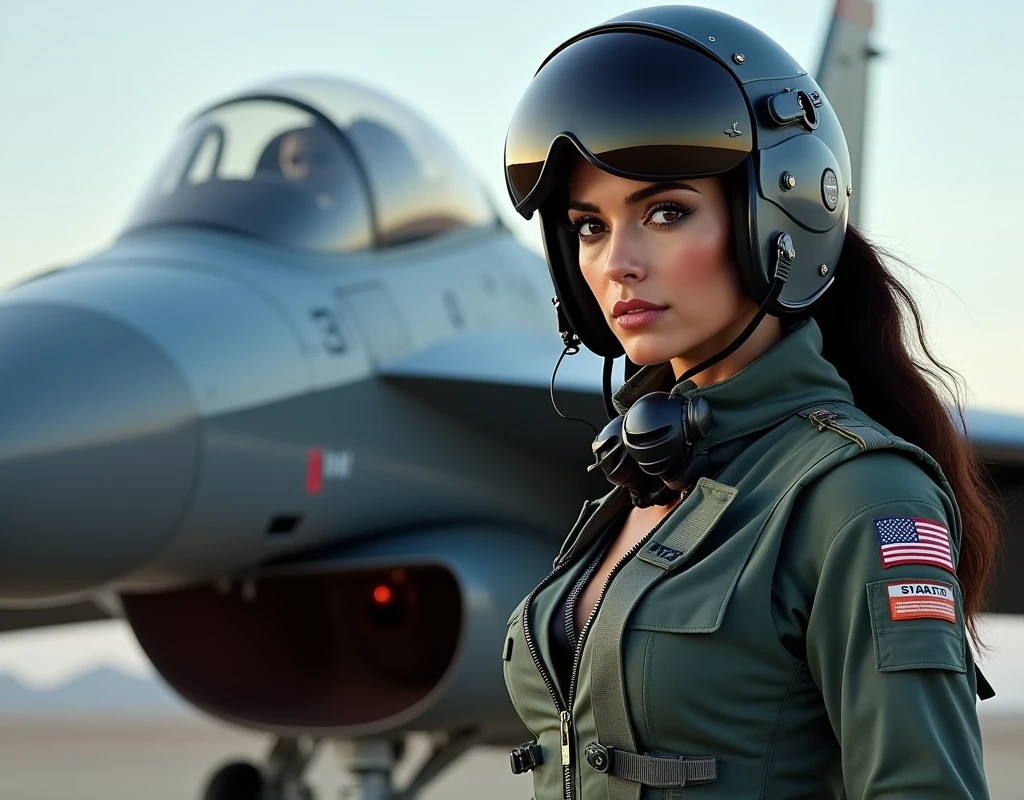 Aishwarya Rai wearing a fighter pilot suit, a pilot helmet and oxygen mask, standing beside a fighter plane, full body view,