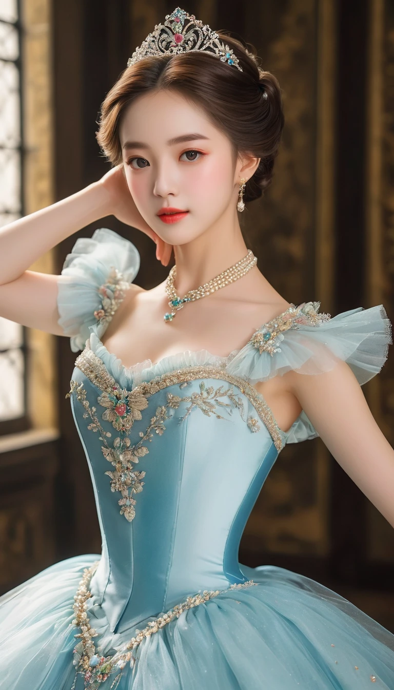 (high resolution,masterpiece:1.2),(Practical:1.37)"(best quality, high resolution, Very detailed, Practical),Beautiful portrait of a 19th century French ballerina, (She is half Scottish，Half Japanese., She is absolutely stunning...，With ice blue eyes and a high nose.:1.1), Exquisite ballet costumes, Detailed facial features, Slender and graceful neck, Aquamarine necklace, Flowing long hair, Calm and elegant posture, charm