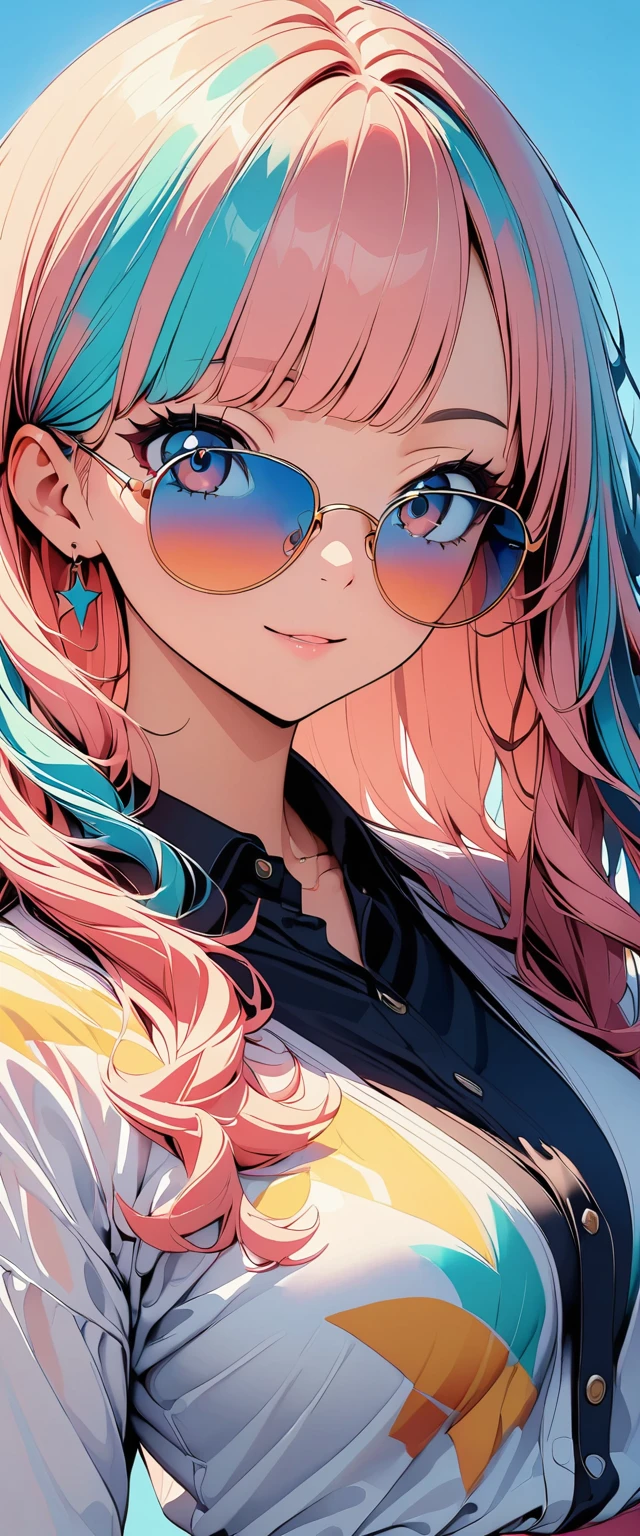 (highest quality:1.2, City Pop Style, Very detailed, Latest, Vibrant, High Contrast, masterpiece:1.2, highest quality, Best aesthetics), girl, ((Face Up Shot:1.4)), Colorful Hair, Bobcut, pastel colour, 1980s style, Retro, Vintage, ((Single color background)), (sunglasses).