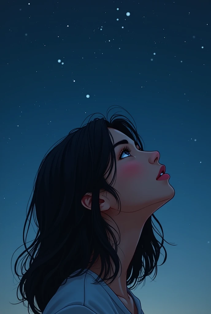 Image of a Latina girl with loose, medium-long hair in profile looking at the night sky, the girl who is not so close in the picture, black eyes and a less defined nose, no bangs 