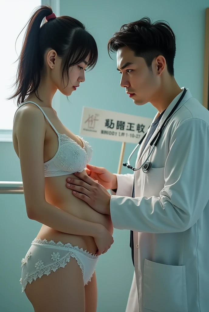 2 people, one girl teen japanese and one woman doctor. Holding a sign, The sign has "West Yixing 1-10-27" It saysgirl, young beatiful detailed face, large breast pouring out of tiny bra, wearing only matching cotton laced bra and panties white with flower patterns with detail and white lace trim, focus on panties low cut showing , wet crotch, camel toe , tight abs, round ass, thick thighs, sad face, worried face, looking at floor, realistic girl, real photo, 8k.. angry male white Doctor wearing lab coat,(((((Press the stethoscope against the chest or groin.)))))、 touching girls body.、Body and breast exam.