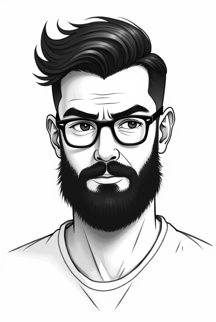 Minimalist black and white png drawing of man with big beard, gradient hair and glasses