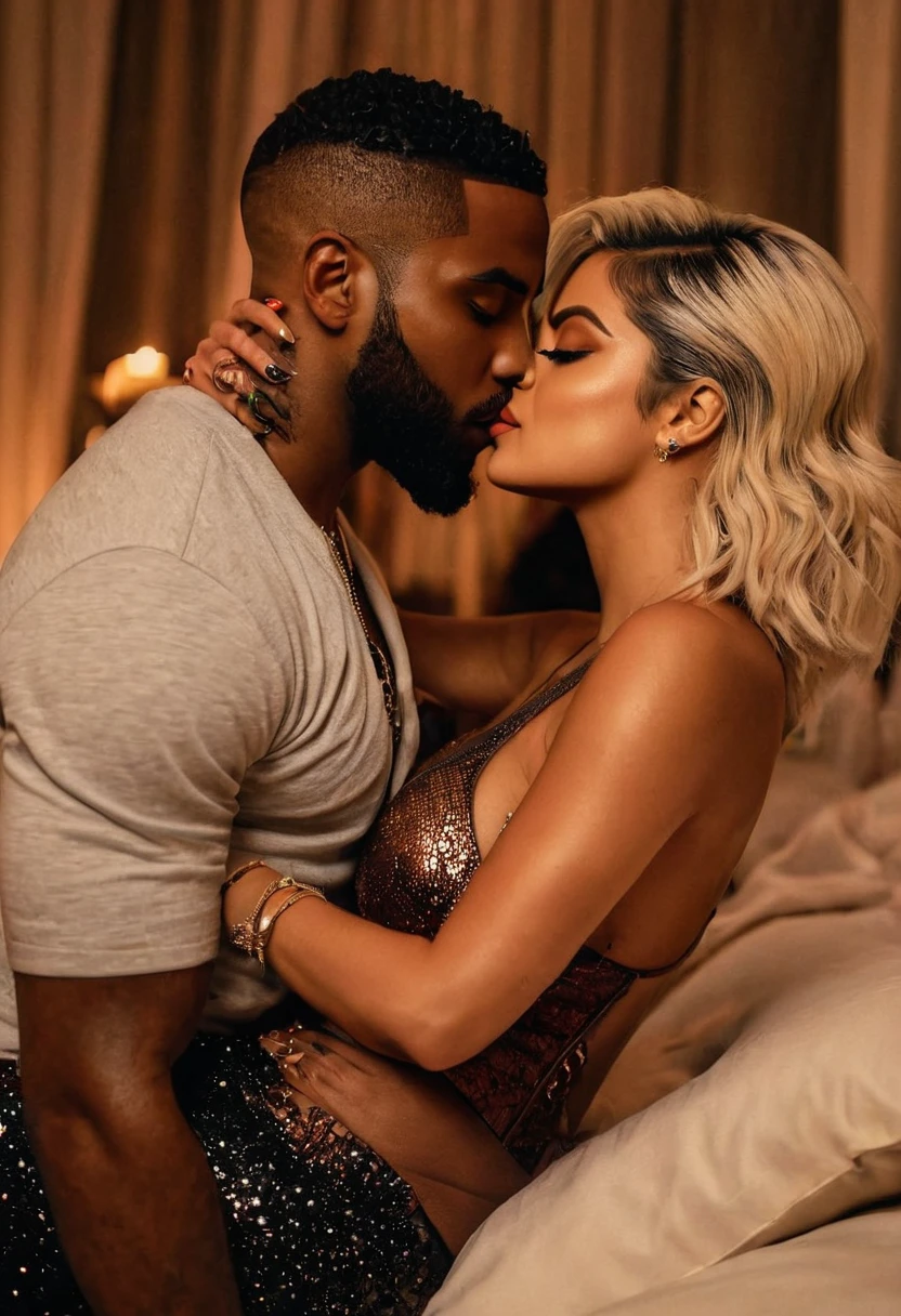 Bebe Rexha and a handsome African American male whose facial features are a combo of Jason Derulo + Charles Michael Davis + Kid Cudi share a steamy kiss in a bedroom lit by candlelight. Bebe has lovely makeup on her face. Nighttime. Romantic ambiance. Symmetrical eyes. Symmetrical faces. Lovely details. Photorealistic. Full-colored photo. Professional photo. Highly detailed 8K.