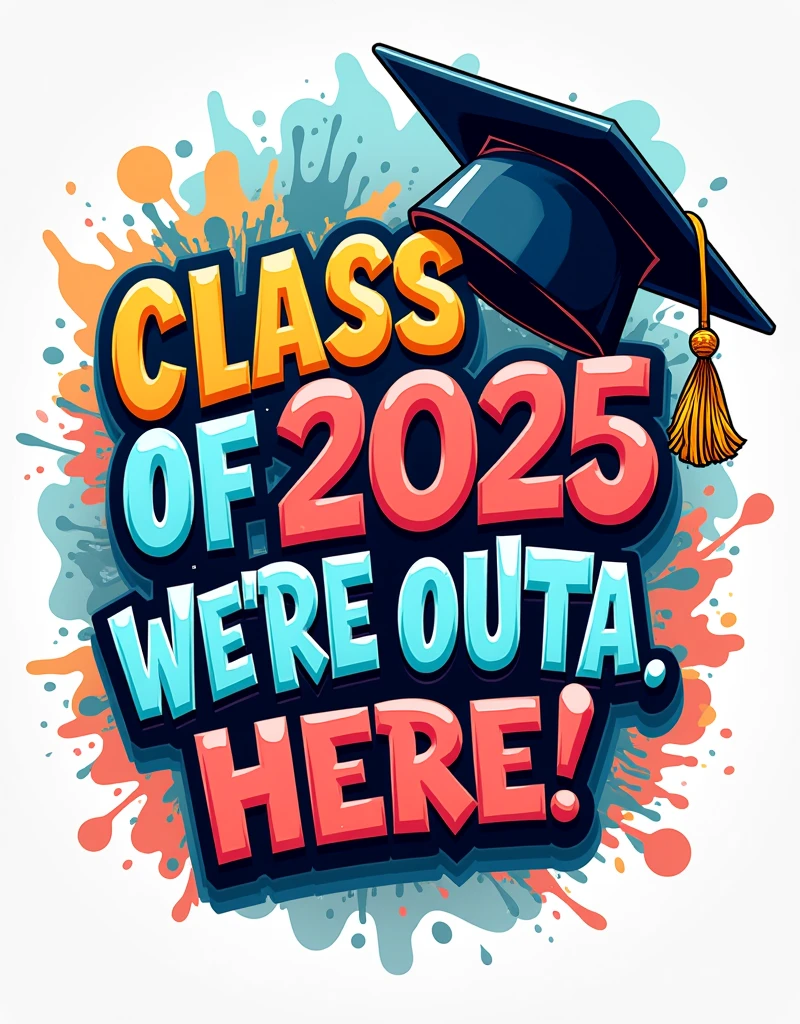"Class of 2025: We're Outta Here!" Design: A playful and energetic design featuring "Class of 2025: We're Outta Here!" in a graffiti-style font. The design includes a graduation cap flying off, emphasizing the excitement of moving on, all in bold, vibrant colors.