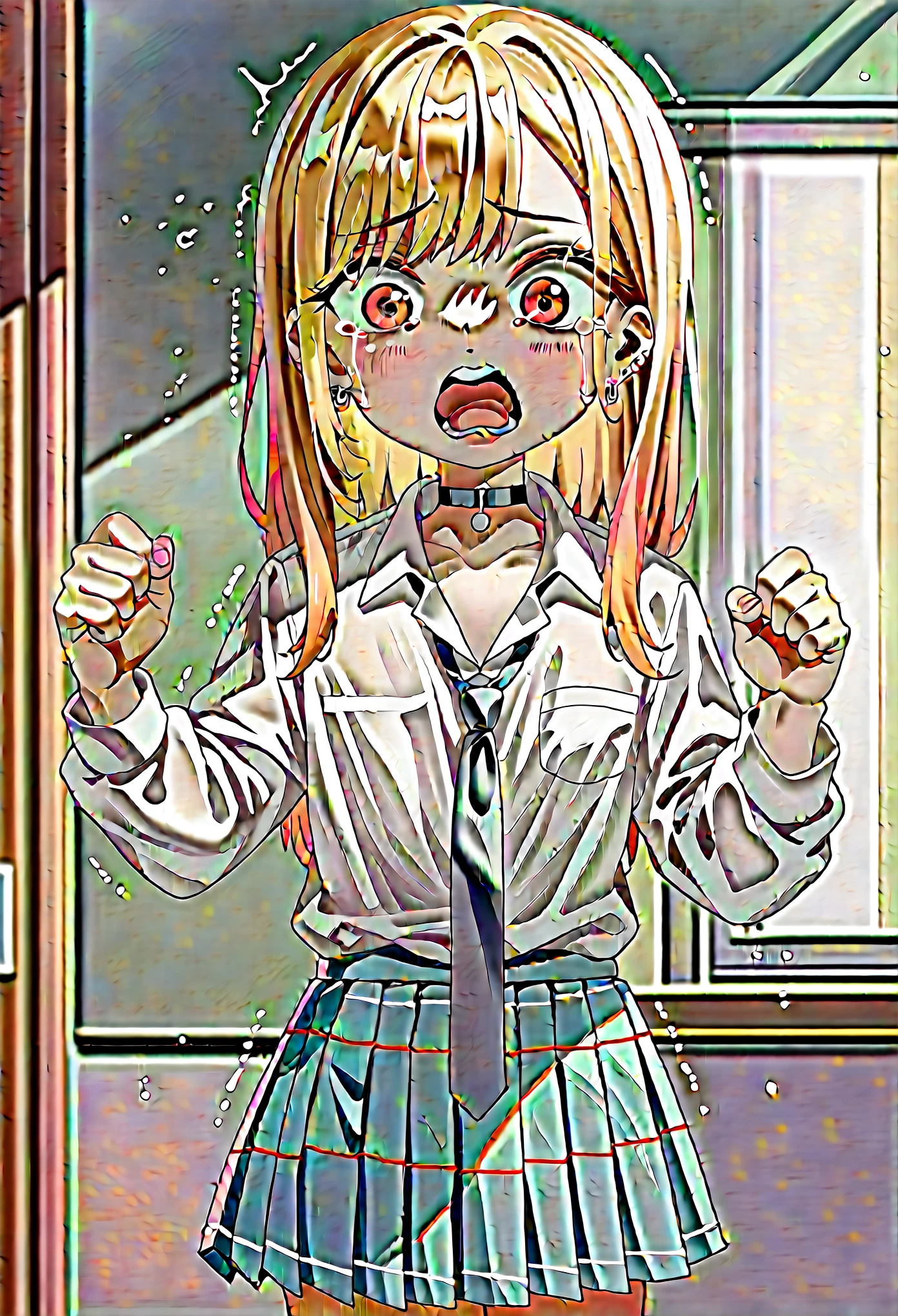 score_9, score_8_up, score_7_up, score_6_up, source anime, (li:1.5), kiflat chest, nirampnxl, kitagawa marin, 1girl, solo, blonde hair, red eyes, skirt, short, hair, necktie, school uniform, pleated skirt, black choker, earrings, white collared shirt, long sleeves, unbouttoned shirt, standing, shocked, face, crying,screaming, shaking, cowboy shot, looking down, bedroom, AgeRegression, Oversized Clothes