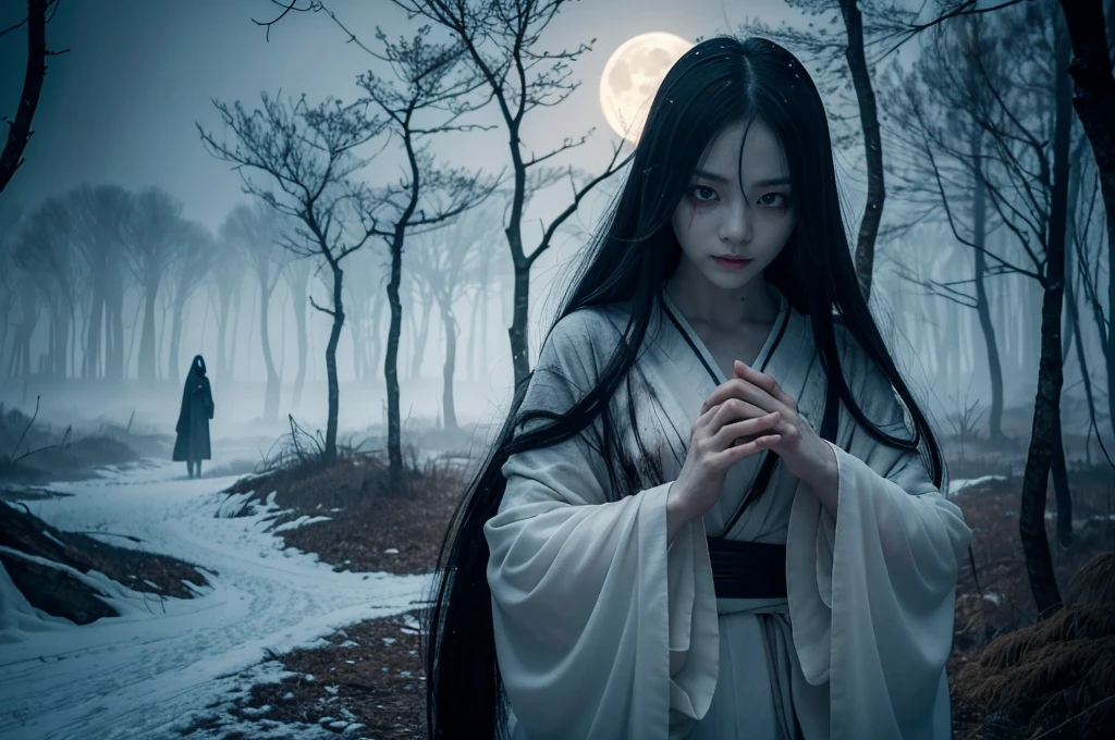 "Include blood, gore, violence, wounds, injuries, corpses, decay, rotten elements, horror elements, scary faces, monsters, grotesque details, mutilation, dismemberment, dark themes, disturbing content, graphic content, explicit content, nightmarish elements." Include unsettling details, with intense focus on sharp, menacing features. Emphasize dark, shadowy elements that obscure and distort, creating a sense of impending doom. Add bloodstained textures and fractured surfaces to enhance a gruesome, nightmarish effect. Incorporate twisted, elongated limbs or appendages that move unnaturally. Highlight eerie, glowing eyes that pierce through darkness, reflecting a deep malevolence. Add hints of decaying or decomposing elements to suggest an ancient, cursed being. Use jagged, irregular forms and sharp edges to evoke a feeling of dread. Surround the figure with an aura of oppressive, foreboding darkness that creeps into every corner of the scene **Prompt:** Create an ultra-realistic 8K image of Yuki-onna, the snow spirit from Japanese folklore, reimagined as the terrifying star of a horror movie. Yuki-onna retains her iconic features: pale, almost translucent skin that glows eerily in the moonlight, and long, jet-black hair that cascades down her back, partially obscuring her face. Her icy blue eyes pierce through the darkness with a haunting, otherworldly gaze. She wears a tattered white kimono that blends into the snowy landscape, making her appear as if she is emerging from the very ice itself.
The scene is set in a desolate, snow-covered forest under a full moon. The trees are bare, their twisted branches reaching out like claws. A chilling mist rolls through, shrouding the ground in an eerie fog. Yuki-onna stands in the foreground, her expression cold and emotionless, with a sinister smile just beginning to form. Her hands, elongated with sharp, claw-like nails, reach out as if to grasp the viewer, while the air around her freezes, creating a crackling sound that a