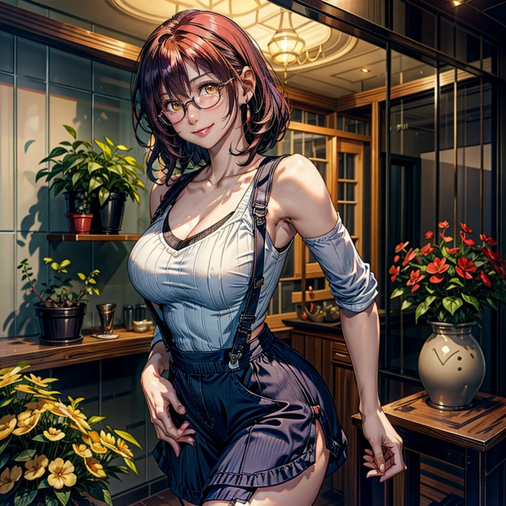 1 woman, short hair, Curly hair, natural redhead, yellow eyes, round glasses, smile, smile coquette, sassy Girl, coquette, chest a little big, purple overalls skirt, white long sleeve sheer shirt, standing, moles on the lip, indoor garden, Sol natural, Whole body.