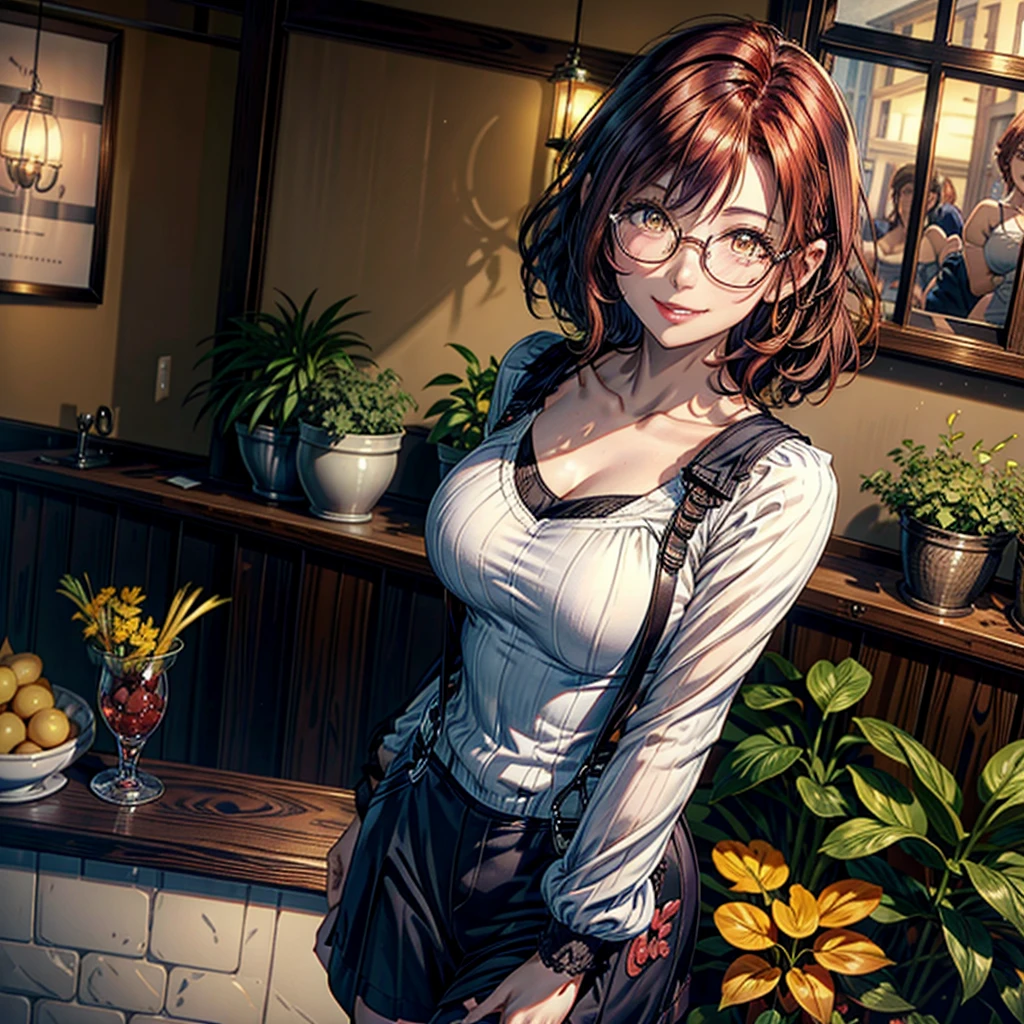 1 woman, short hair, Curly hair, natural redhead, yellow eyes, round glasses, smile, smile coquette, sassy Girl, coquette, chest a little big, purple overalls skirt, white long sleeve sheer shirt, standing, moles on the lip, indoor garden, Sol natural, Whole body.