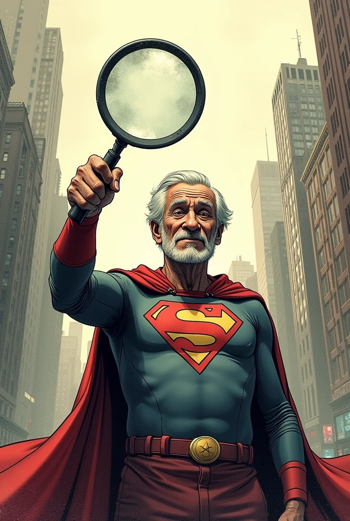 Drawing of an older superhero, with cape and everything, but instead of powers, has a giant magnifying glass to analyze the needs of older adults.