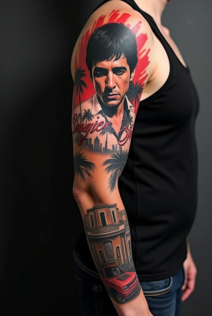 Scarface movie tattoo on the whole arm with various elements from the movie