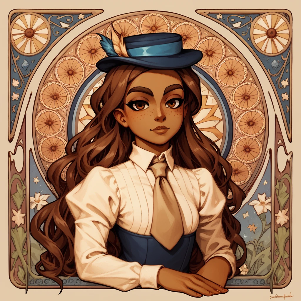 masterpiece, art nouveau,  franimel, long hair untill hips, brown skin, brown eyes, freckles, hat, beige tie, relaxing attitute, look at viewer, hands behind, half body view