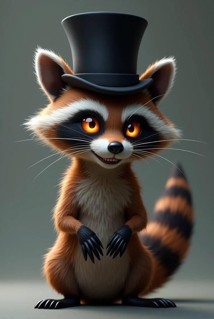 Faceshooting furry raccon, with brown glowing eyes, a sly smile and a black top hat