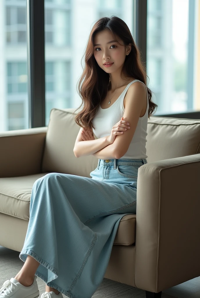 A beautiful lady, asian, Japanese,
Medium height,
arms crossed at chest,
Brown long hair,
Cross legs sitting on a sofa in a conference room near a window wall,
Wearing a white short tee,
Wearing a long light blue denim straight skirt ankle length both sides slit and edge damaged and untrimmed,
Wearing white sport shoes,
High resolution, HD Photo,
photographs, photo, real style, 600dpi