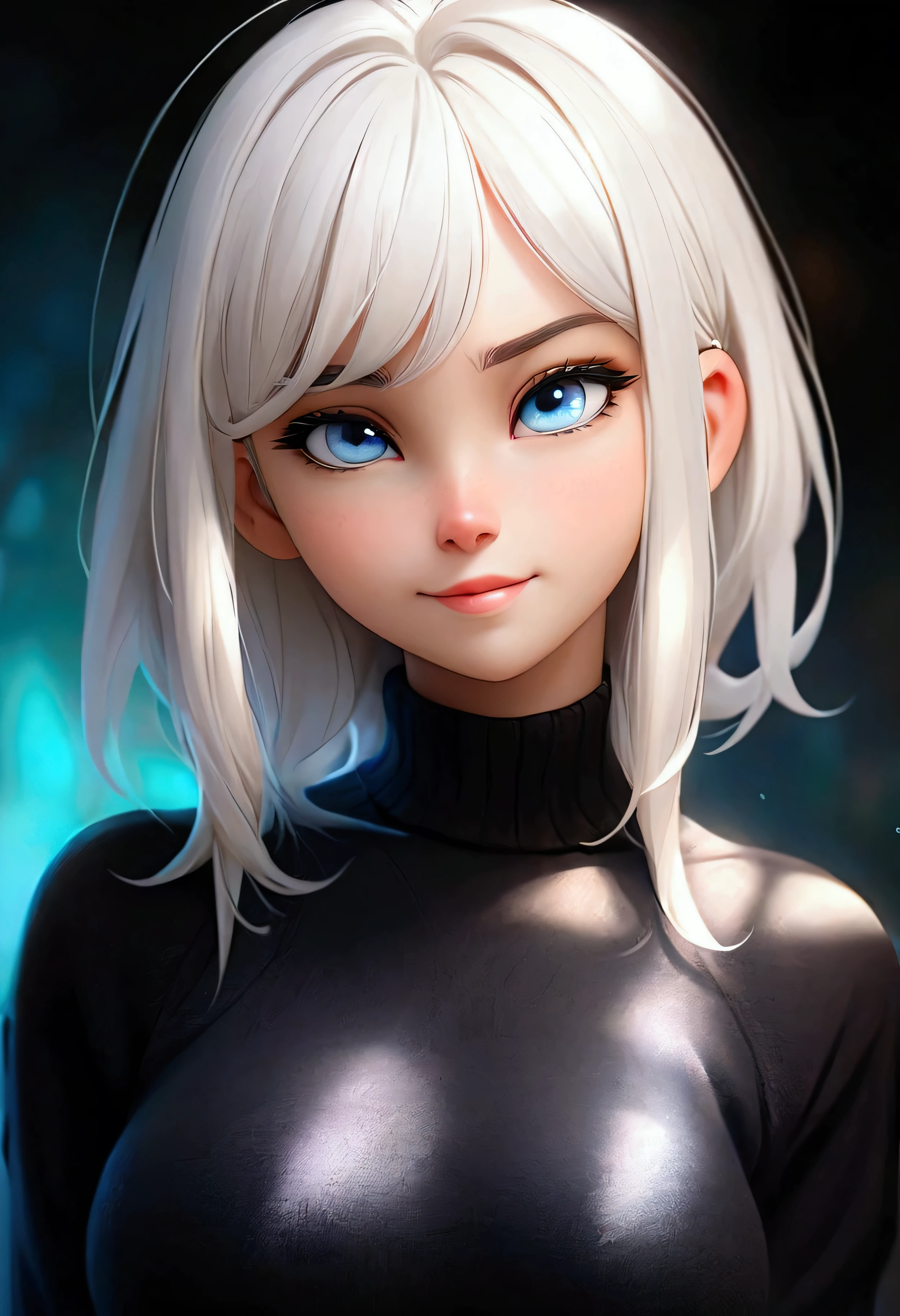 1 girl, White hair, Long hair, blue eyes, neutral colors, flirtatious expression, looking at the camera, big breasts, very tight black sweater, Flushed face, light smile, shy girl, many details, slightly marked abdomen, Long pants