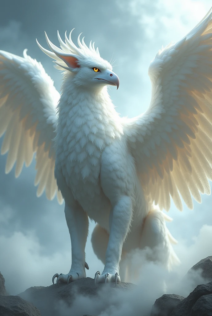 Griffon ready to take off、(((Eagle's headと翼:1.5)))、Eagle's head、Sharp beak、white beak、Lion&#39;s body:1.5、god獣、Pure White Griffon、Albino Griffon、god聖的な生き物、god々New Griffon、Rinと立つ鋭い目つきのグリフォン、Rin々Standing、mist、幻想的なmist、Beautiful sight、
