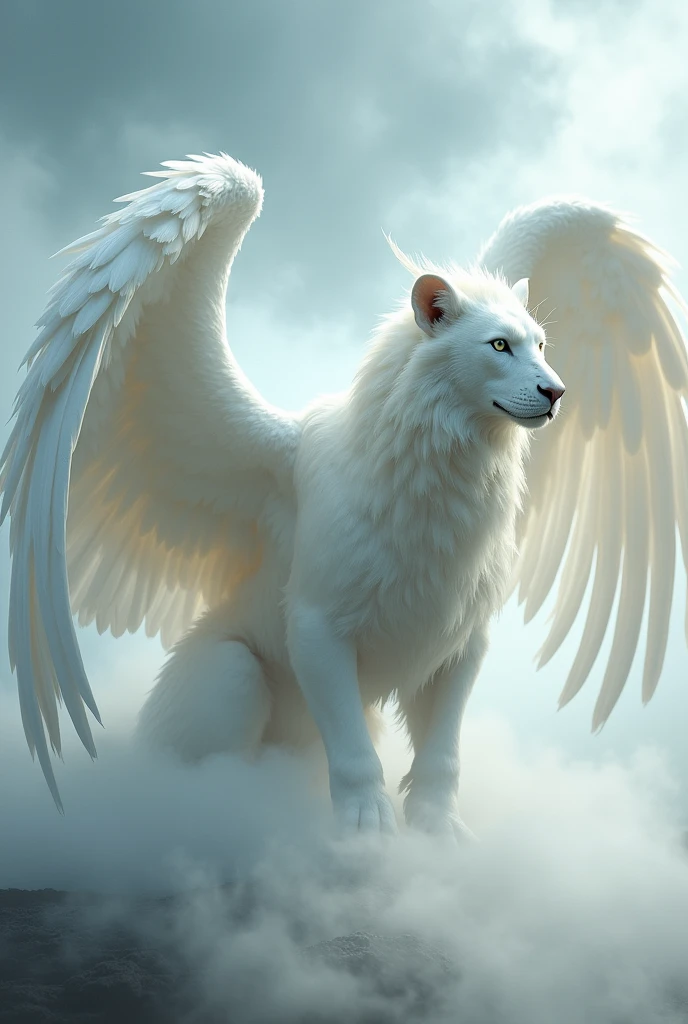 Griffon ready to take off、(((Eagle's headと翼:1.5)))、Eagle's head、Sharp beak、white beak、Lion&#39;s body:1.5、god獣、Pure White Griffon、Albino Griffon、god聖的な生き物、god々New Griffon、Rinと立つ鋭い目つきのグリフォン、Rin々Standing、mist、幻想的なmist、Beautiful sight、