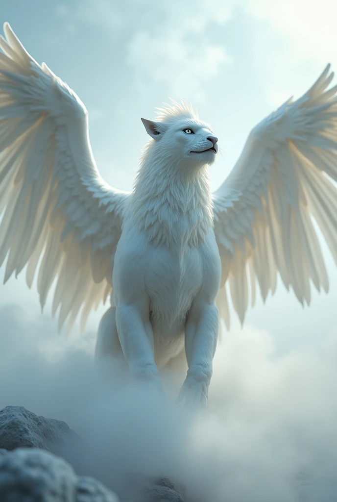 Griffon ready to take off、(((Eagle's headと翼:1.5)))、Eagle's head、Sharp beak、white beak、Lion's body:1.5、god獣、Pure White Griffon、Albino Griffon、god聖的な生き物、god々New Griffon、Rinと立つ鋭い目つきのグリフォン、Rin々Standing、mist、幻想的なmist、Beautiful sight、