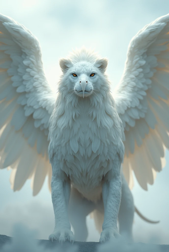 Griffon ready to take off、(((Eagle's headと翼:1.5)))、Eagle's head、Sharp beak、white beak、Lion&#39;s body:1.5、god獣、Pure White Griffon、Albino Griffon、god聖的な生き物、god々New Griffon、Rinと立つ鋭い目つきのグリフォン、Rin々Standing、mist、幻想的なmist、Beautiful sight、