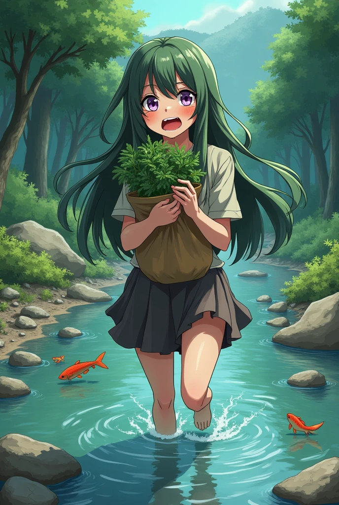 anime style a slave who desperately flees into the forest she has long olive green hair and the tips run into one and violet eyes pale skin reddened cheeks dirty and ashy on her face fat dark circles under her eyes in a plant material bag that she holds protectively in her hand she passes the river bank and drinks the clear water with her hands fish swim around there stones lie on the river bottom all around the surroundings was a pine needle forest it was broad daylight