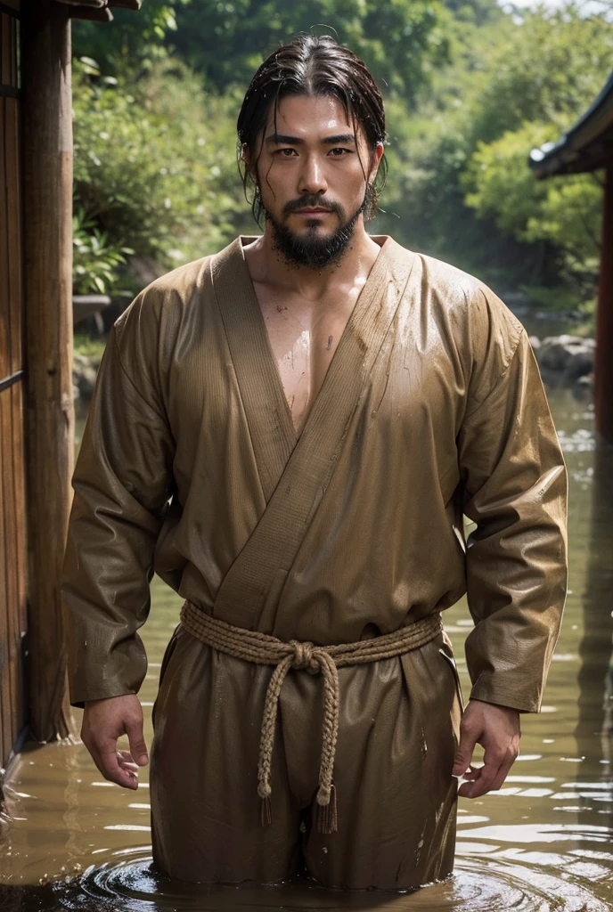 A handsome (Japanese) peasant, muddy, dirty, wet, raunchy outfit, provocative portrait, perfect face, (homoerotic:1.2), tall and burly, qualidade 8K, absurd textures details and quality