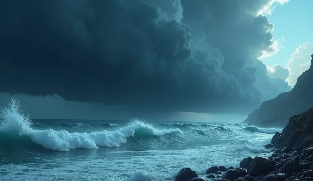 Image:* Dark clouds gathering over the sea with large, crashing waves.
Cinematic cartoon 3d style 