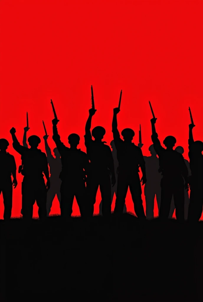 Now make me a silhouette of Katipuneros a lot of them at least 20 in line raising their Iyak and guns shouting 

Make the background red