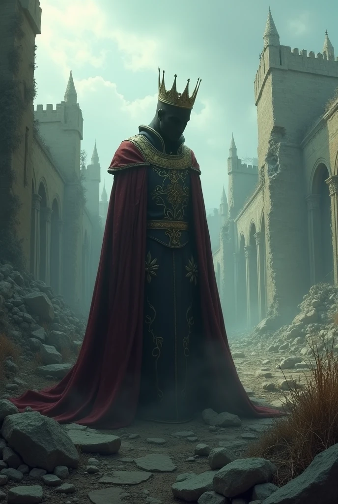 I would like an image of a destroyed medieval kingdom with a king above all, but his face has to be blurred as if envy had made him lose himself and no longer know who he is.