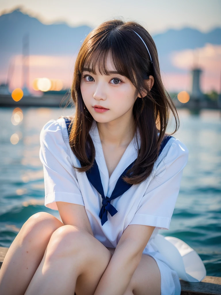 Highest quality、Face Focus、Soft Light、Ultra-high resolution、(Photorealistic:1.4)、RAW Photos、 1 Japanese Girl、solo、cute、(pupil、Eye light)、Detailed beautiful face、(Small breasts)、(High resolution detail of human skin texture)、 (Long Hair)、 Sailor suit,M-shaped legs