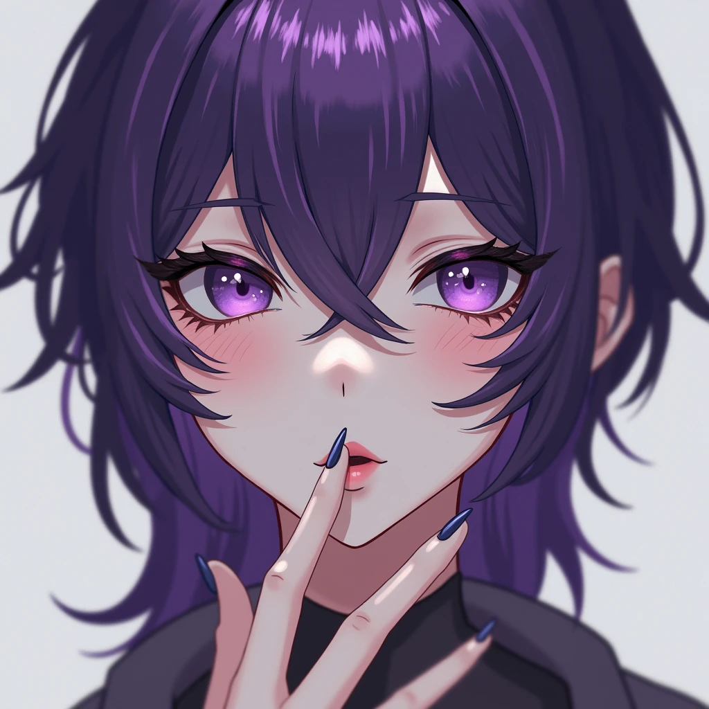 (32k) 16k, 8k, 4k, super fine face, small mouth, lip biting makeup, effeminate, purple hair, purple eyes, high resolution, perfect. Portrait.