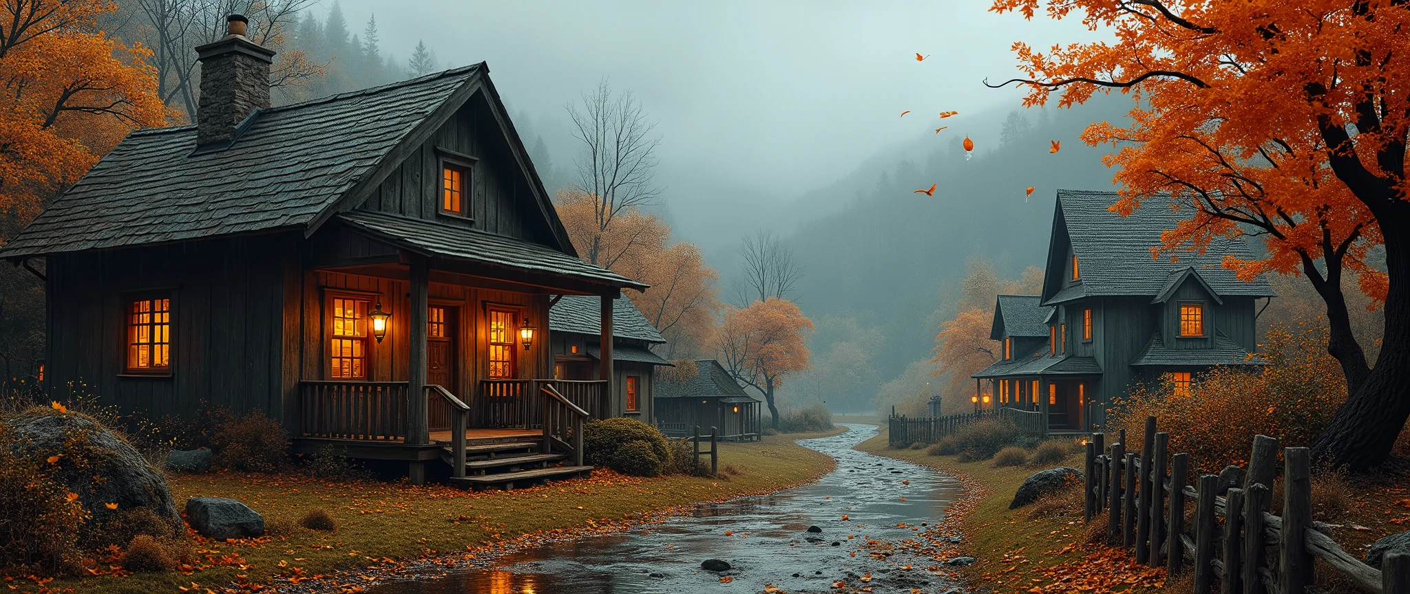 Fall Autumn Aesthetic,Halloween,Dark Village,Town Rustic,Cozy, landscape ,Rustic Orange Maple Leaf Village,Scenery, water color,rain