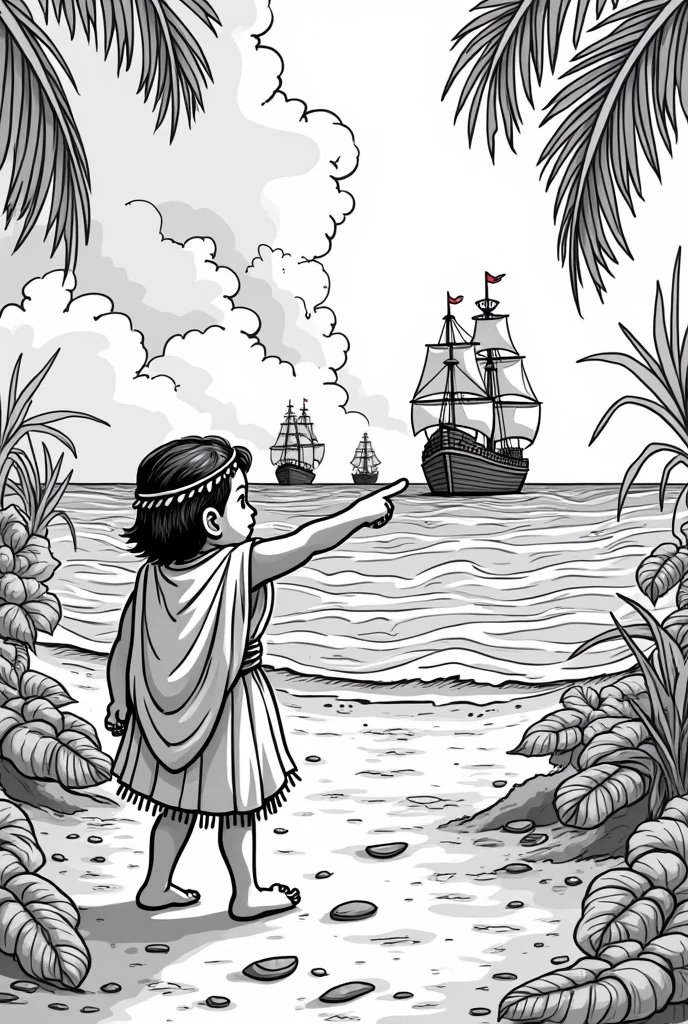 Recreates the scene of Christopher Columbus arriving in America with his three ships, the girl paints it and the santa maria, but from the perspective of an indigenous child in indigenous clothing who points to the boats with his finger as he watches them approach the beach, There is a storm at sea and everything is dark and gloomy, On the beach there are several indigenous objects scattered, There is a lot of jungle around, black sand beach... illustration,  coloring book vector 

