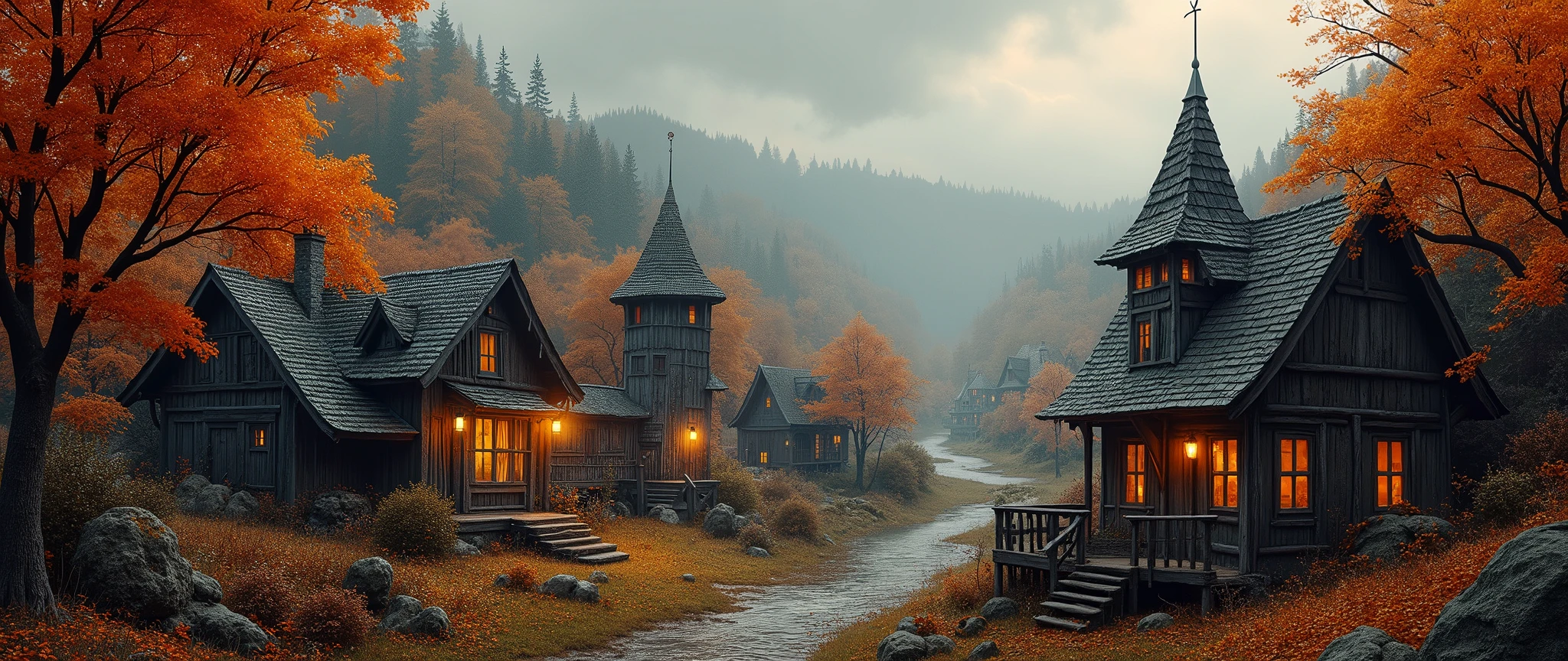Fall Autumn Aesthetic,Halloween,Dark Village,Town Rustic,Cozy, landscape ,Rustic Orange Maple Leaf Village,Scenery, water color,rain