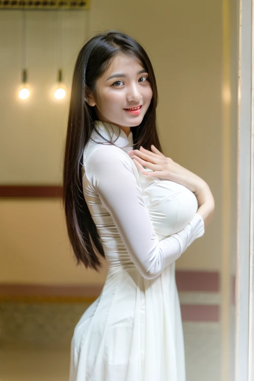 1 girl, ao dai, white dress, long hair, perfect anatomy, perfect body, perfect lighting, beautiful face, best quality, huge breasts, visible white bra under dress , in house, in room, showing off body, sexy, hands hugging breasts, beautiful breasts, exposed chest