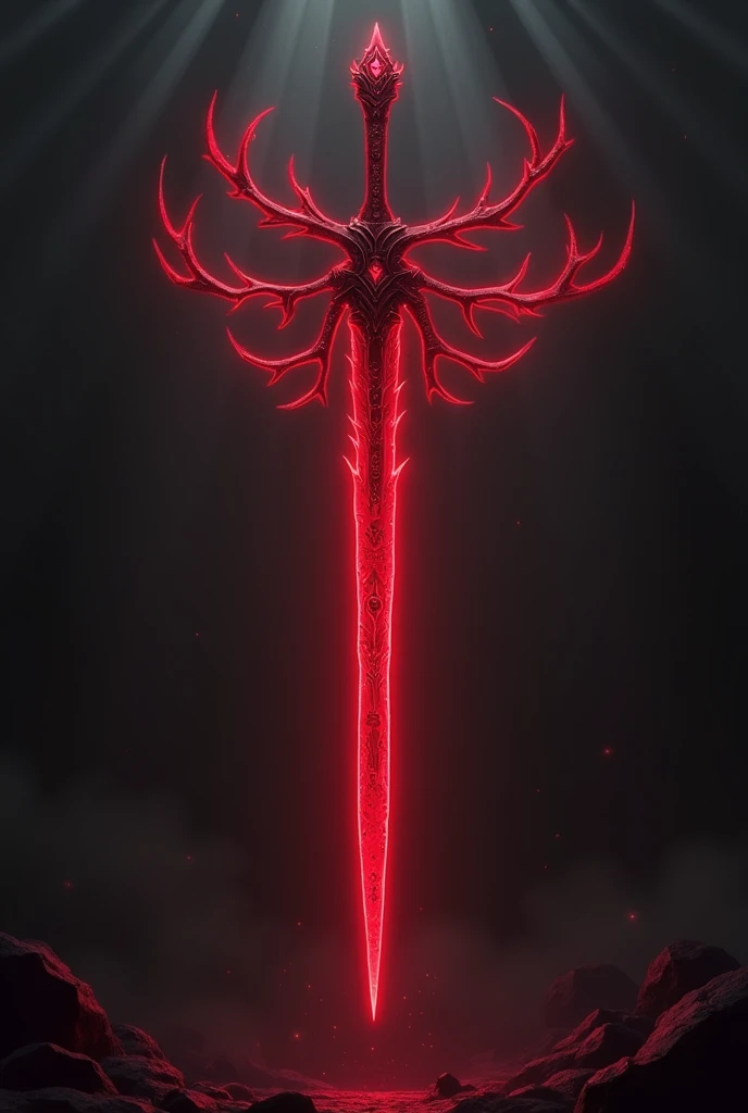 a sword whose blade has 6 extensions like tree branches and all the extensions are blades made of a bright red metal and engraved with various symbols of Blood and veins pulsing on its surface. drawn and animated