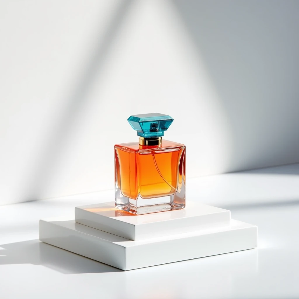 "A photograph with no people, featuring a light gray background. A colorful perfume bottle is placed on a white surface, creating a striking contrast in the minimalist setting."