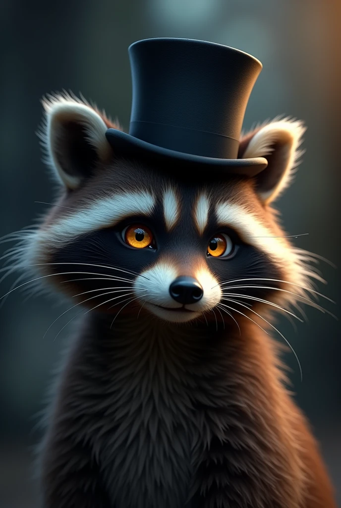 Faceshooting antrhopomorphic raccon, with brown glowing eyes, a sly smile and a black top hat