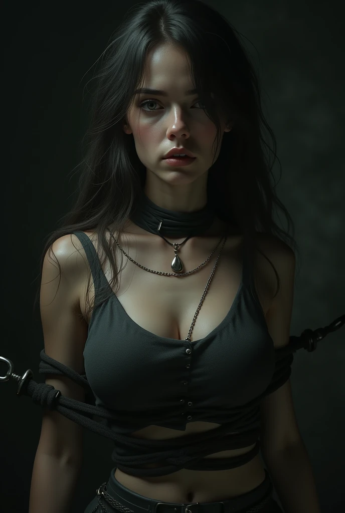 I would like to generate a dark digital artwork featuring a young-looking beautiful girl restrained with bondage gear. The artwork should be highly detailed, with intricate details and sharp focus. The girl should have a serious expression on her face, and there should be a soft, front-facing light illuminating her. Please avoid any explicit or erotic content. --ar 2:3 --v 5.1