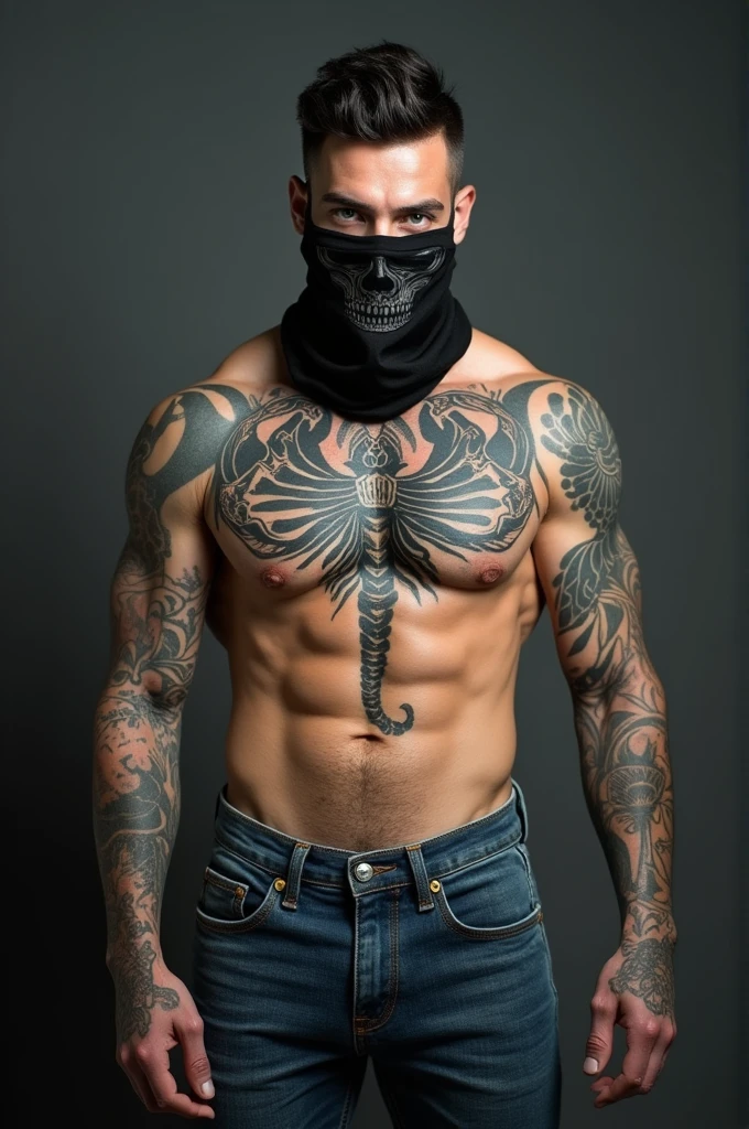 Tattooed white man with tattoos on his arms and chest and abdomen also tattooed, muscular black hair in a military social cut blue eyes, wearing a black skull cloth mask on his face. He is wearing jeans with a bare chest ( put a scorpion tattoo on his abdomen full body tattooed toned and muscular body 