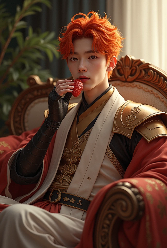 Yeonjun settles into the couch, his slender figure draped in bronze armor and silks. The comfort of the moment is reflected on your face as you enjoy fresh and delicious strawberries. Her bright orange hair stands out against her oval face, framed by defined eyebrows, a straight nose and full lips, tinted a vibrant pink by the fruit. Her gray eyes, captivating and sensual, complete a picture of singular beauty. Young man. 