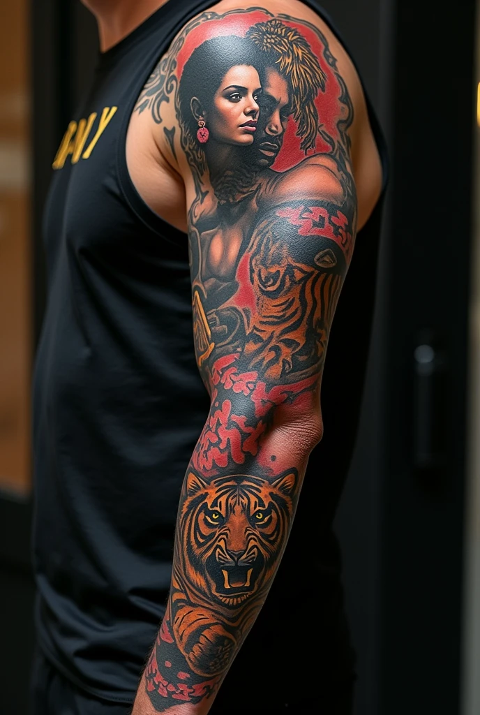 Scarface movie tattoo with gun, tiger, cocaine and Michelle Phifeer on the whole arm, various elements of the movie