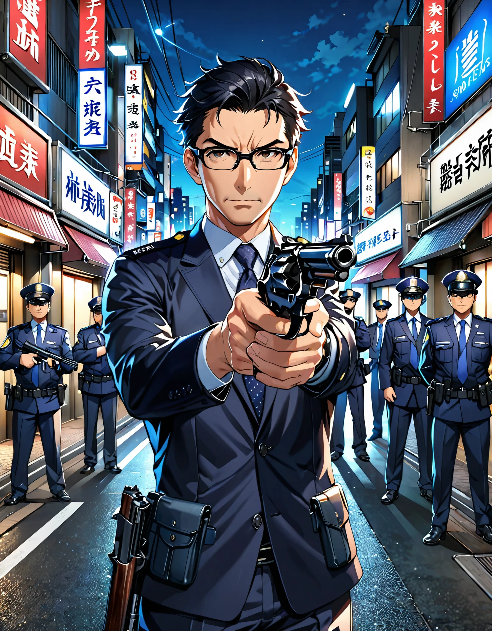 (masterpiece), (best quality), (high res), 1man, solo, solo focus, (middle-aged adult, age fifty-two, light facial wrinkles, medium-fit build), anime style, semi-realistic, Japanese policeman, suit and tie, police uniform, police captain, police commissioner, (jet black hair, short hair, low fade hair), hazel eyes, glasses, black-framed eyewear, fix hands. grimly serious expression, looking at viewer, (holding a gun with one hand, trigger discipline, swm29 revolver, aiming at viewer), Tokyo city street backdrop, Tokyo street backdrop, nighttime, noir atmosphere. alert, standing.