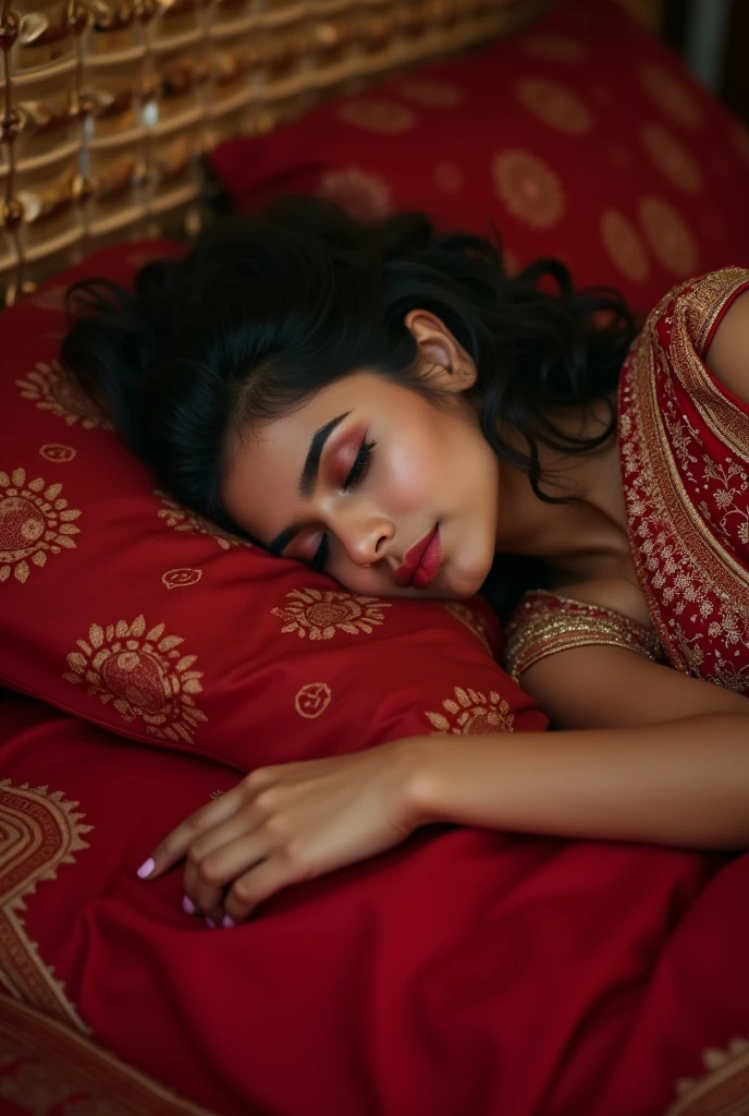 An Indian girl sirting on decorated bed in red saari .which is half off from her body . She is sleeping after her 1st night brutal sex .she is tired. And feeling paon with olesure . Make a full body image 