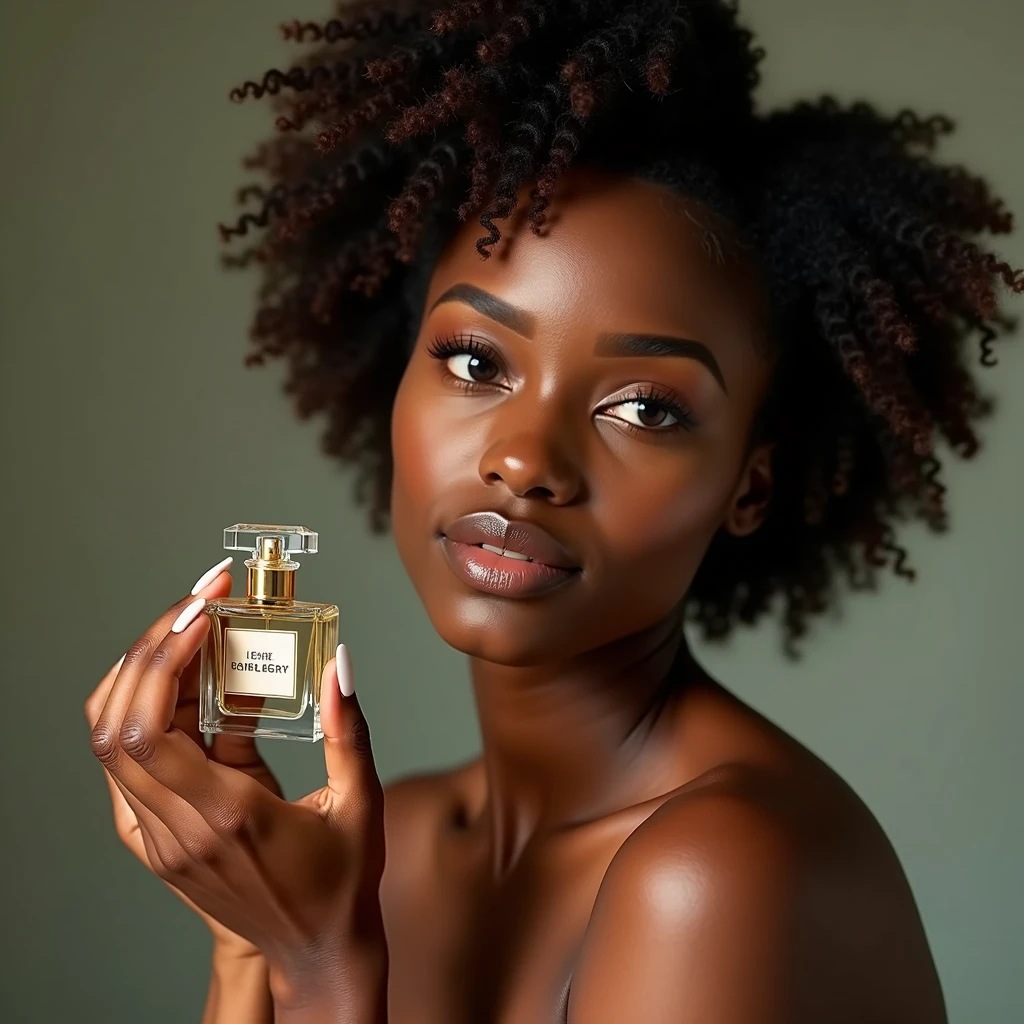 a naked beautiful ebony-skinned woman, holding a perfume bottle, la marca y texto es “LUZ” soft natural lighting, simple blurred background, natural hair and subtle makeup, delicate perfume bottle design, vivid colors, lifelike details, realistic and unpolished, elegant and authentic, (best quality,4k,8k,highres,masterpiece:1.2),ultra-detailed,(realistic,photorealistic,photo-realistic:1.37),portrait,natural setting,warm atmosphere,bokeh background morfológicamente correcta las manos perfectas que toquen el bote de perfume