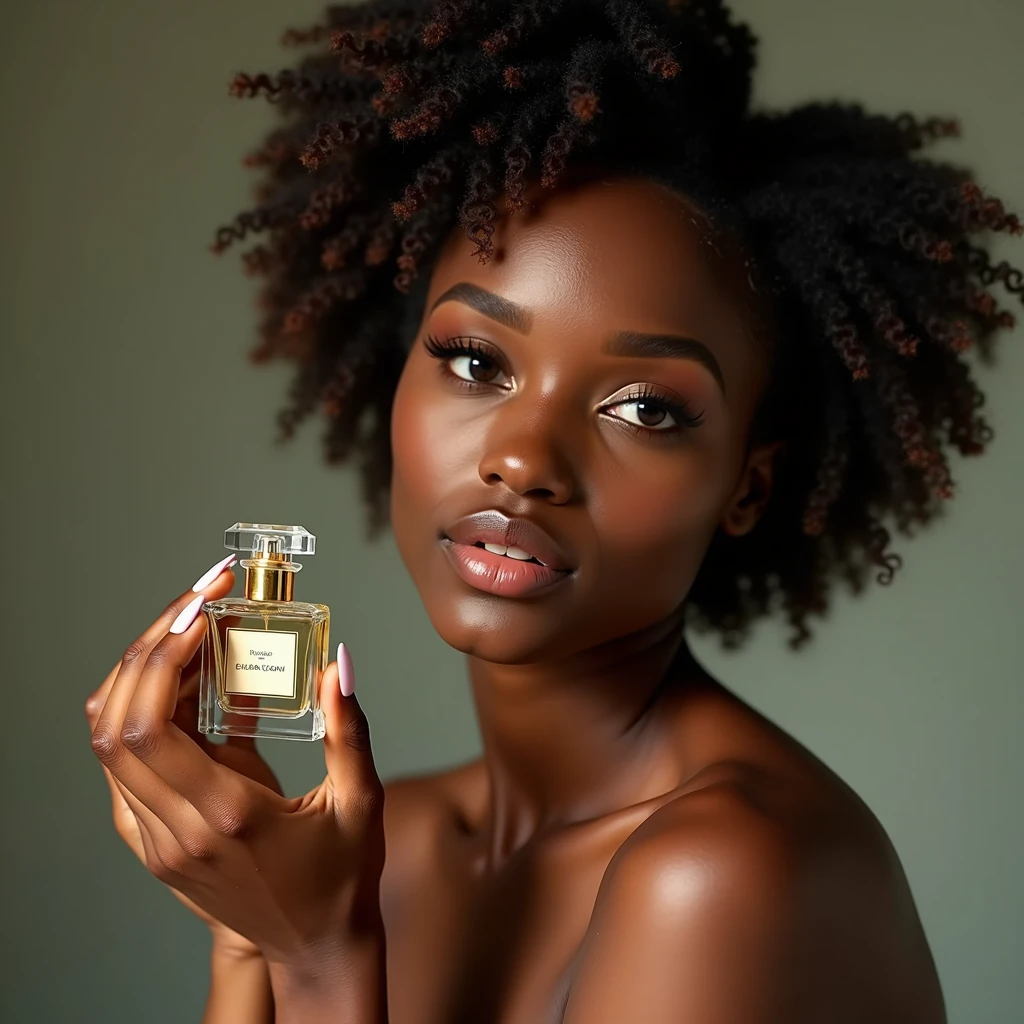 a naked beautiful ebony-skinned woman, holding a perfume bottle, la marca y texto es “LUZ” soft natural lighting, simple blurred background, natural hair and subtle makeup, delicate perfume bottle design, vivid colors, lifelike details, realistic and unpolished, elegant and authentic, (best quality,4k,8k,highres,masterpiece:1.2),ultra-detailed,(realistic,photorealistic,photo-realistic:1.37),portrait,natural setting,warm atmosphere,bokeh background morfológicamente correcta las manos perfectas que toquen el bote de perfume