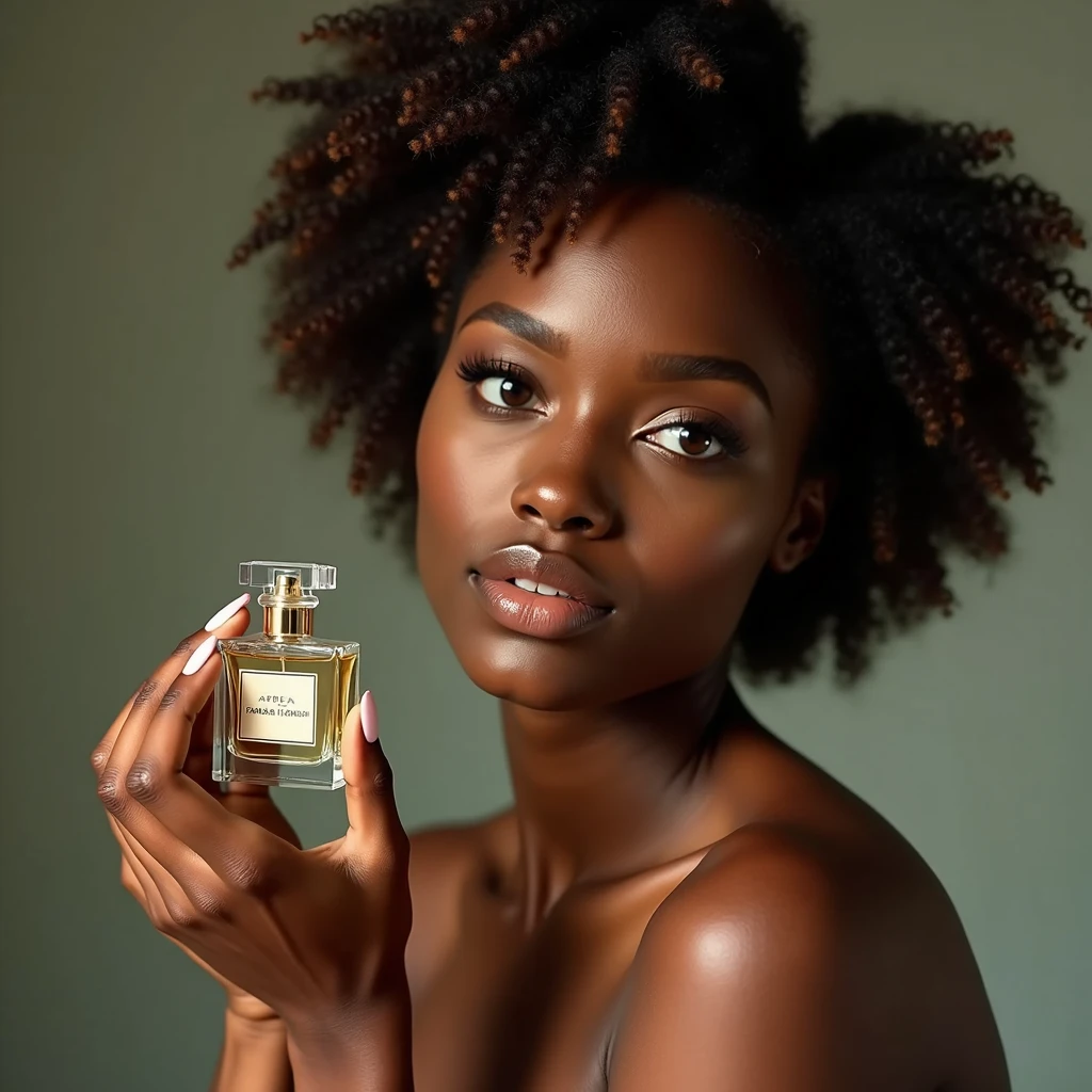 a naked beautiful ebony-skinned woman, holding a perfume bottle, la marca y texto es “LUZ” soft natural lighting, simple blurred background, natural hair and subtle makeup, delicate perfume bottle design, vivid colors, lifelike details, realistic and unpolished, elegant and authentic, (best quality,4k,8k,highres,masterpiece:1.2),ultra-detailed,(realistic,photorealistic,photo-realistic:1.37),portrait,natural setting,warm atmosphere,bokeh background morfológicamente correcta las manos perfectas que toquen el bote de perfume
